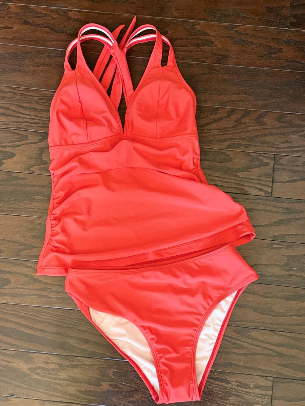 Coral Tankini Swimsuit Set Ruched Tummy Control Tie Back Size Small NWT CUPSHE